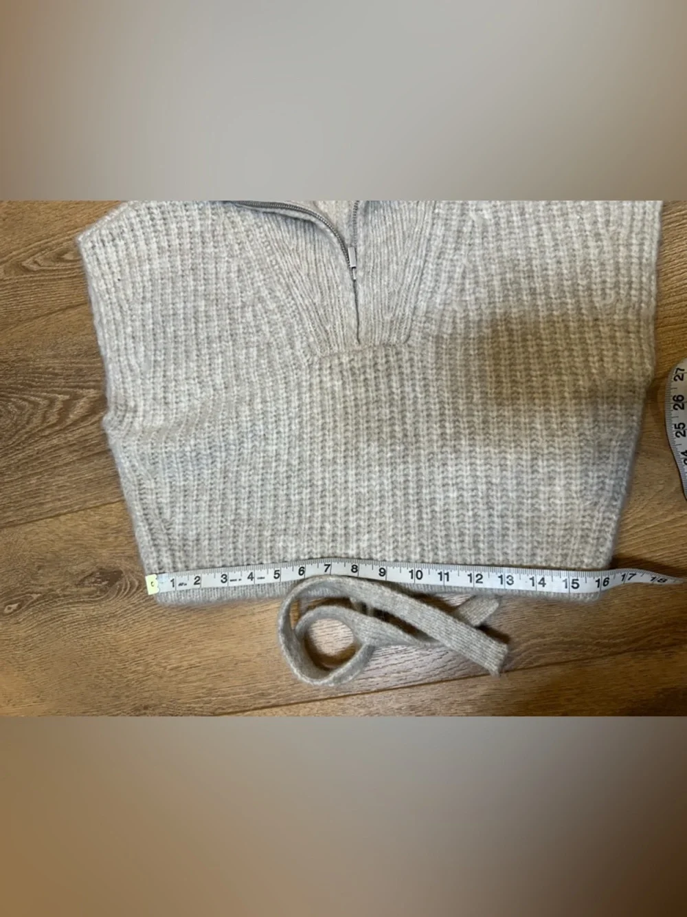 Zara Cream Ribbed Cropped Turtleneck Zip Sweater wool blend with tie waist - Picture 6 of 10